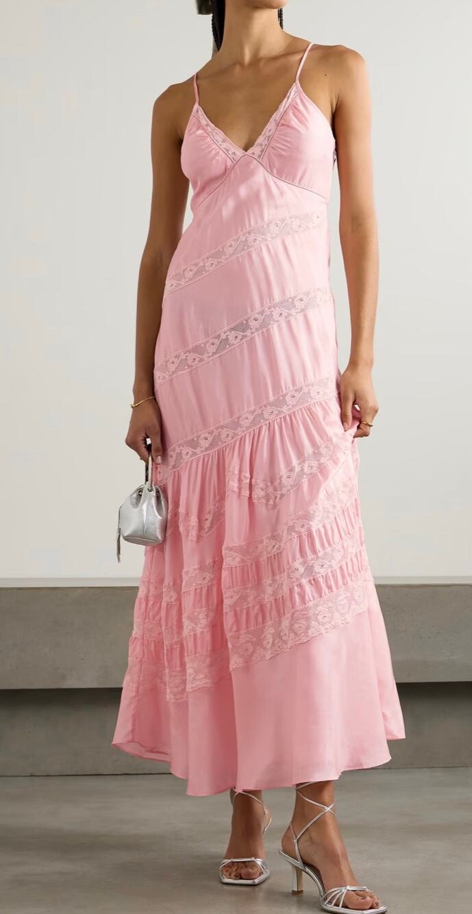 LoveShackFancy Women's Sylvie Slip Dress Pink Silk Lace Ruffle
Maxi